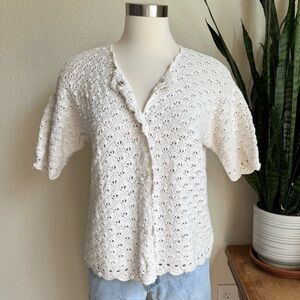 Vintage Hand Knit White Crochet Short Sleeve Sweater Ramie‎ Cotton Summer Top sm